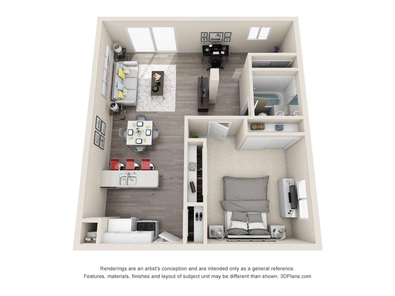 Floor plan for 1 bed, 1 bath, 718 sqft